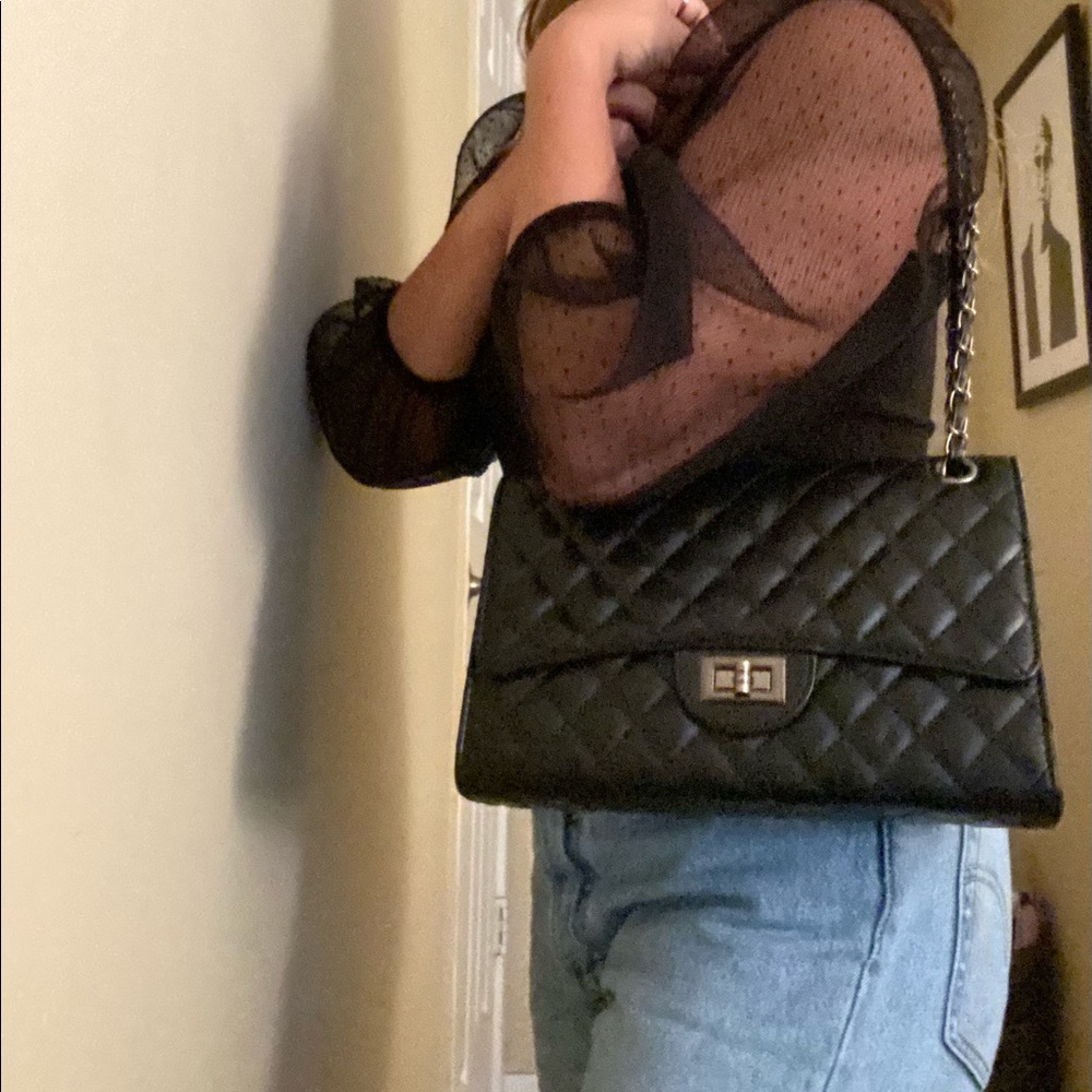 Black Faux Leather Quilted Purse with Chain Strap